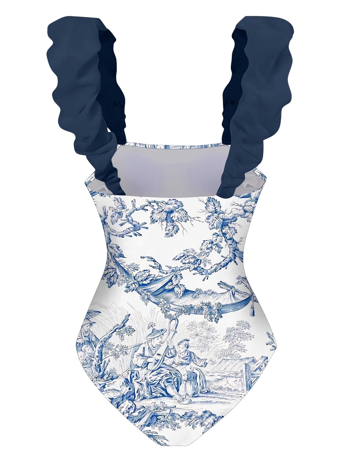 Women's swimwear set including 2-piece swimsuit, one-piece swimsuit with shoulder straps, and cover-up skirt.