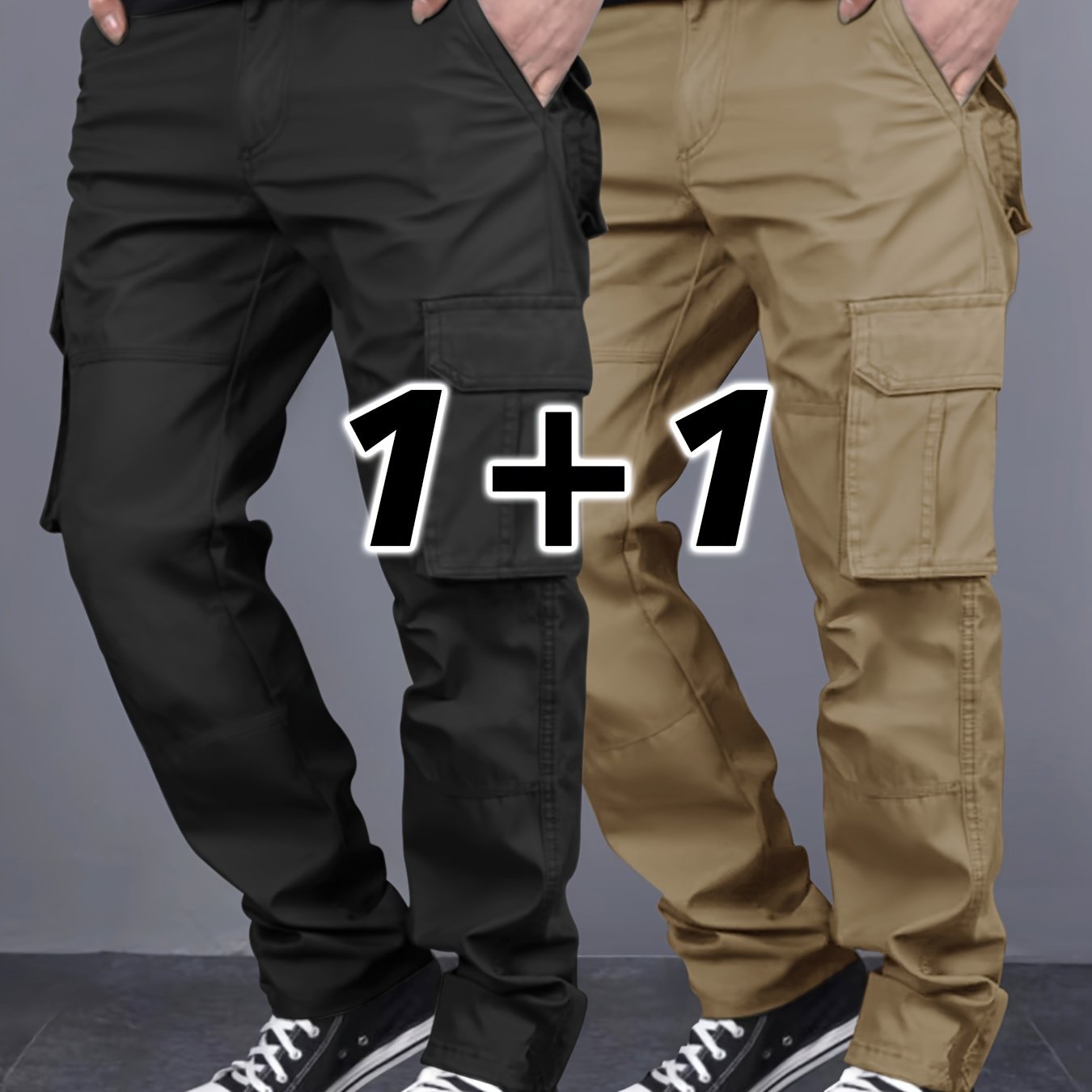 Men's 2-Pack Solid Color Cargo Pants with Multiple Pockets, Regular Fit, Ideal for Outdoor Activities