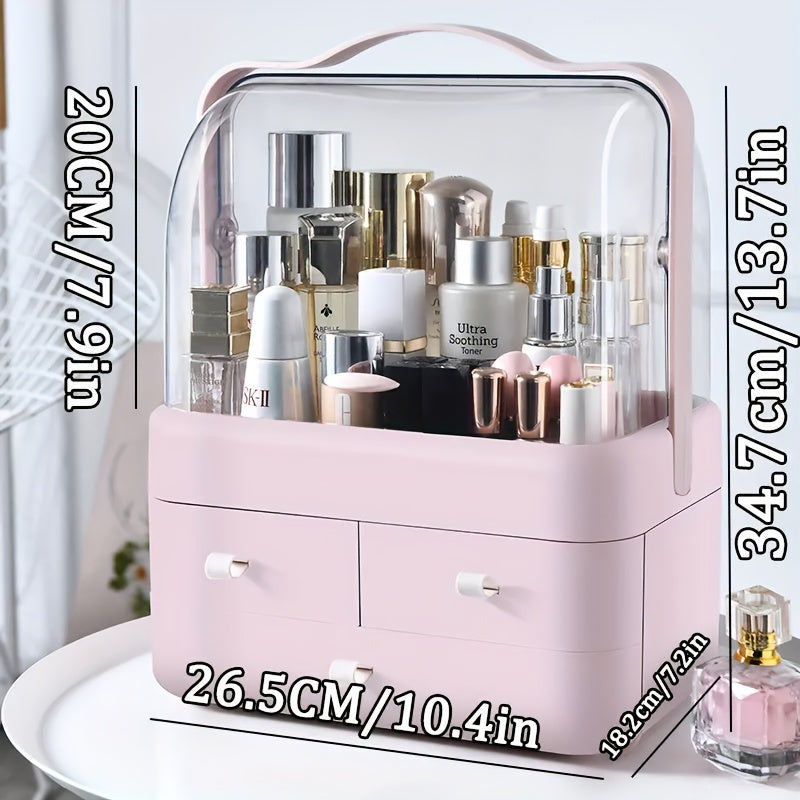 Large capacity makeup case with dual opening, clear top organizer with storage drawers for bathroom, vanity, or bedroom.