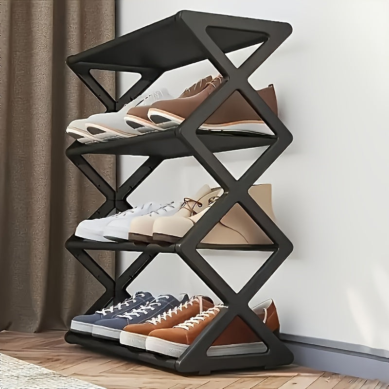 Retro-style folding shoe rack with 4 layers, holds up to 12 pairs of shoes. Space-saving design does not require electricity. Perfect for the living room, balcony, bedroom, or any room in the house. Easy to assemble and foldable for convenient storage.