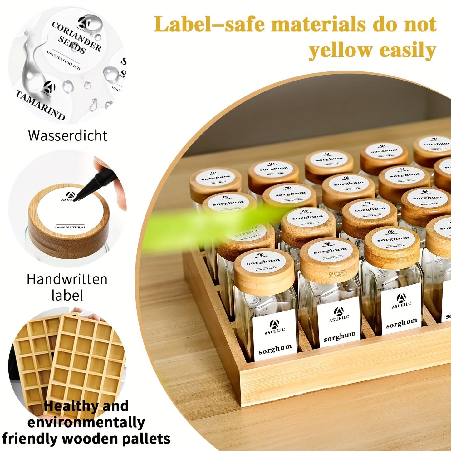 The spice rack includes either 12 or 24 jars with bamboo lids, as well as a bamboo drawer organizer complete with attached waterproof adhesive labels specifically designed for English herbs, spices, and condiments for convenient and easy access.