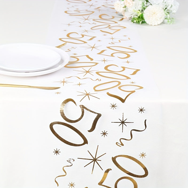 Polyester table runner with golden stamping for milestone celebrations. Perfect for anniversaries, retirement parties, and milestone birthdays. Comes in a rectangular shape.