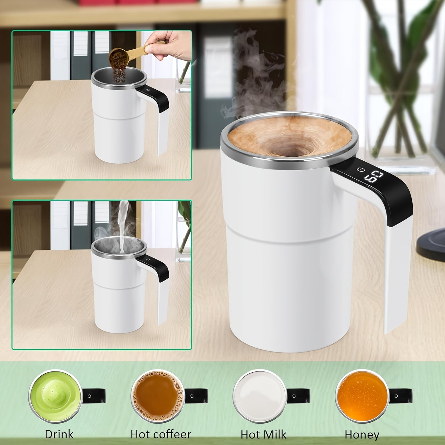 Portable 304 Stainless Steel Coffee Mug with Automatic Stirring and Temperature Display; USB Rechargeable for Home and Office Use.