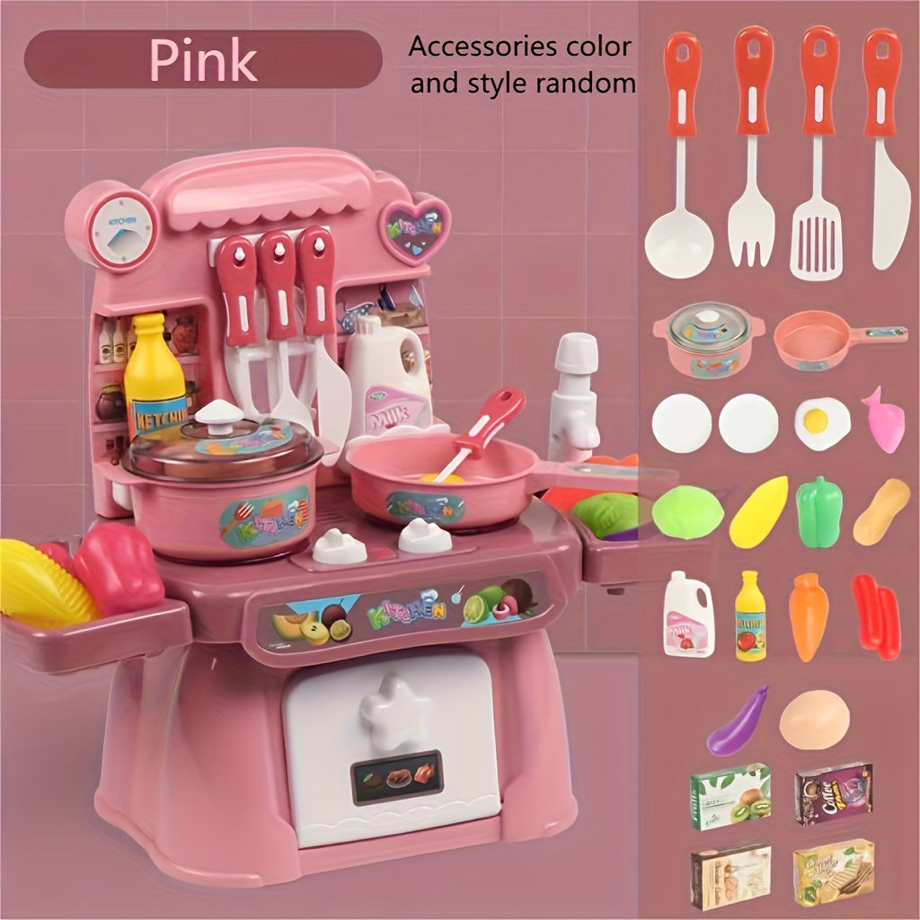 Gzsbaby play kitchen set features lights, sounds, stove, sink, and faux food in pink/blue colors, perfect for winter and New Year.