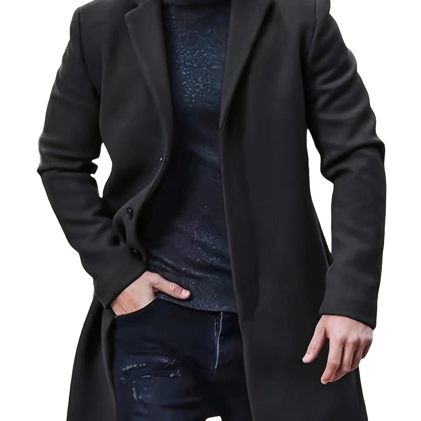 Men's plus size casual trench coat made of 100% polyester solid color non-stretch woven fabric with lapel collar, button detail, and loose fit, suitable for spring/fall outerwear.