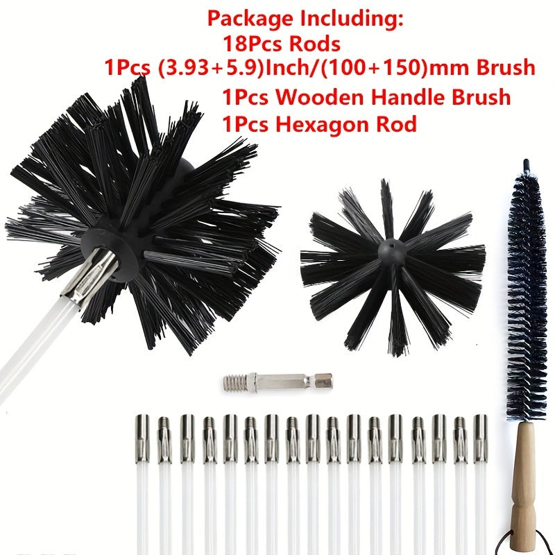 This kit includes a set of flexible 9/18 flexible rods for cleaning dryer vents and pipes, along with a 1/2 inch brush head cleaning brush and a dryer lint brush. It can also be used for cleaning fireplaces.