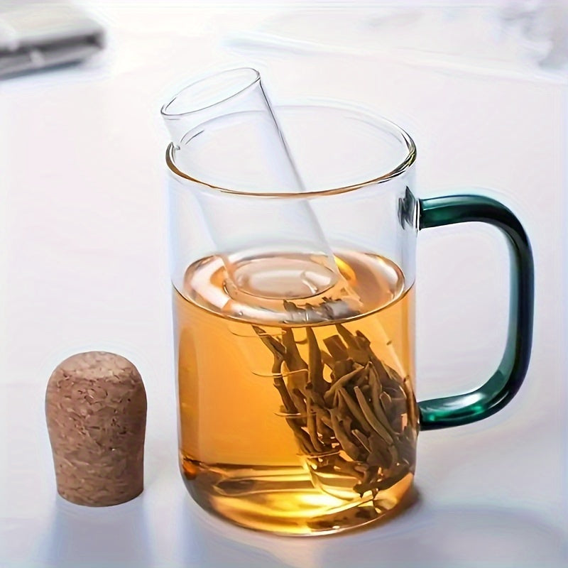 This innovative glass tea steeping device features a cork plug and a flower tea test tube, made from high borosilicate glass for portability. Ideal for steeping Pu'er, black, green, and fruit health teas, it fits most cups and mugs. Transparent tea