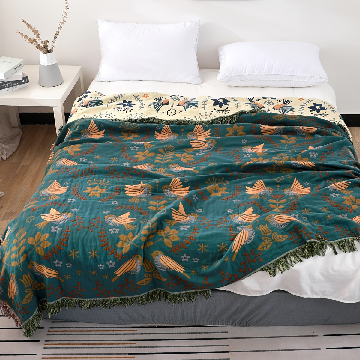 Bohemian Style Cotton Gauze Throw Blanket featuring a Spring Bird and Leaf Pattern - Versatile Sofa Cover, Bedspread, or Couch Throw Blanket - Perfect for Farmhouse Decor