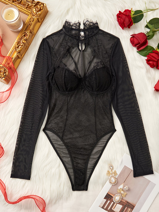 Long sleeve mesh teddy with lace trim, sexy lingerie for women.