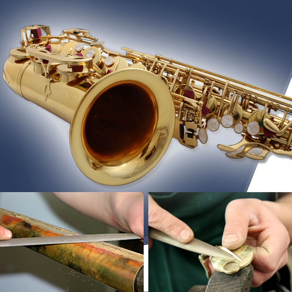 Classic style alto saxophone in E-flat with brass construction and polished finish, includes case and maintenance kit.