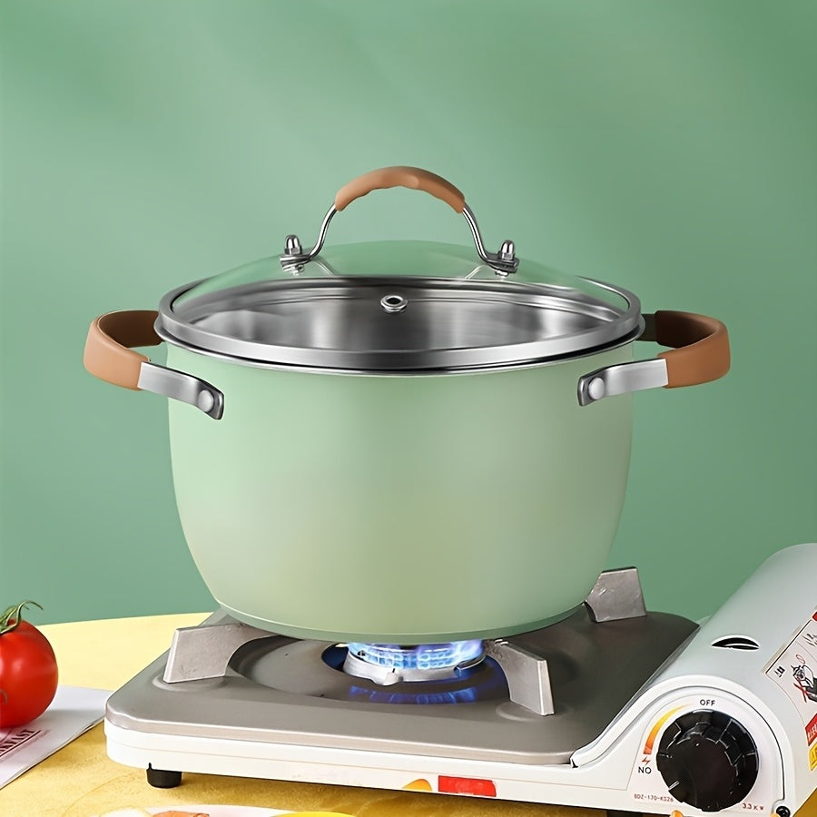 A set of two Stainless Steel Cooking Pots, featuring a Silicone Double Ear design for easy handling. The set includes one Pot and one Pot Lid, both equipped with Silicone Handles and Rivet Reinforcement for added durability. These pots are designed to be