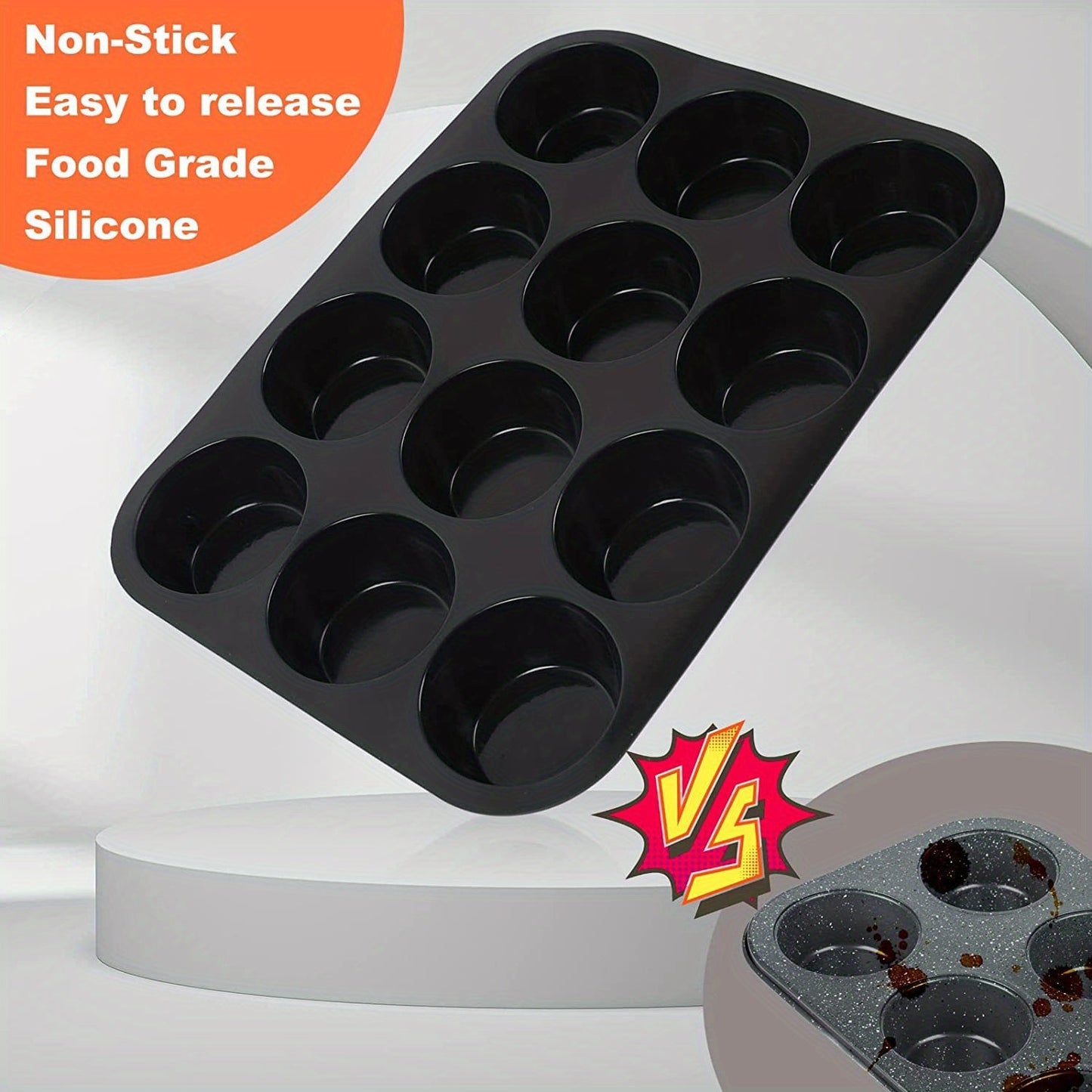 One piece of nonstick BPA free cupcake pan made from silicone, featuring 12 cups and measuring 32.51cm x 24.38cm. This regular size silicone mold is perfect for baking and a must-have kitchen gadget and accessory.