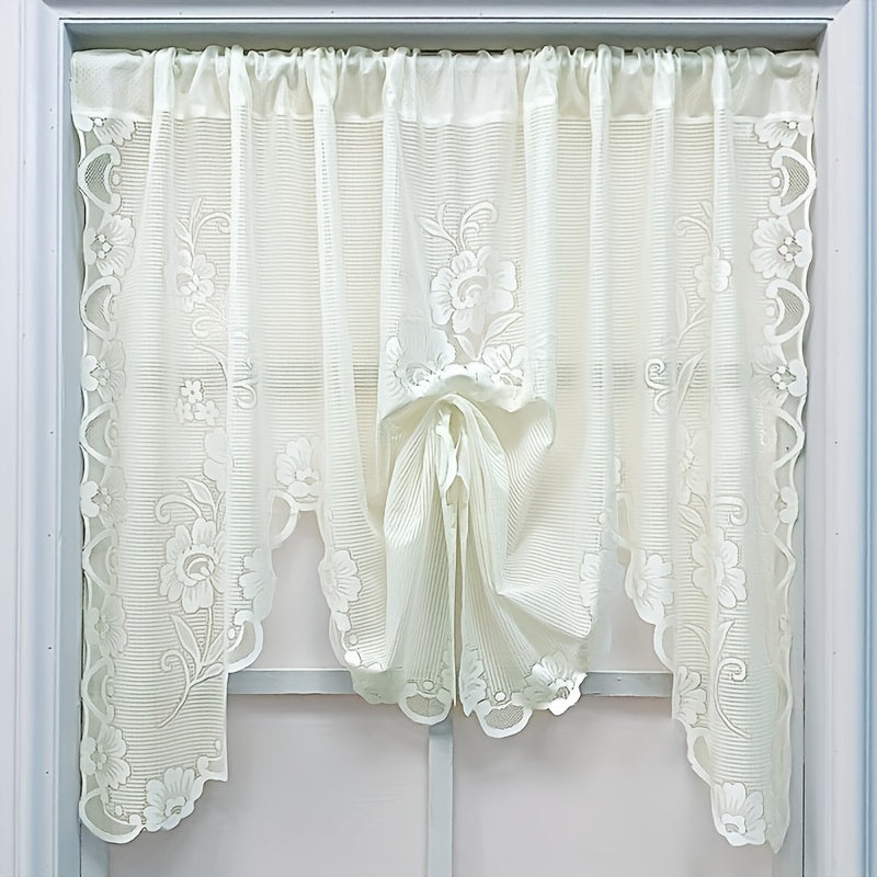 Beige and White Lace Floral Pattern Short Curtain for Window, with Rod Pocket, Perfect for Cafe, Office, Kitchen, Living Room, Study, or Home Decor