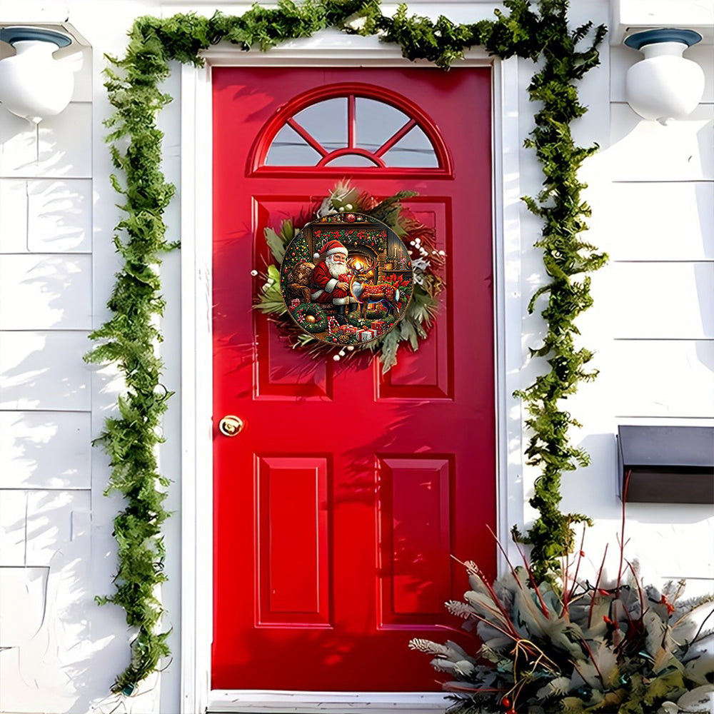 Festive wooden hanging sign featuring Santa Claus and reindeer, retro poinsettia and berry design. No power needed. Perfect for home, garden, and outdoor holiday decor.