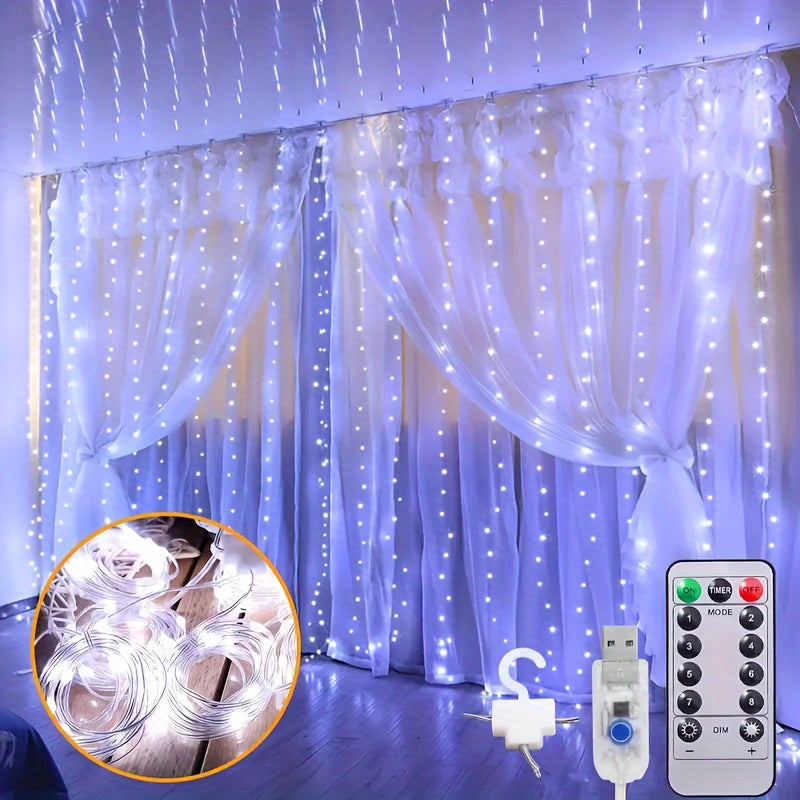 USB powered LED curtain string lights with remote control, 8 lighting modes, and infrared sensor function. Perfect for bedroom wall decoration, ideal for Christmas, parties, and Valentine's Day.