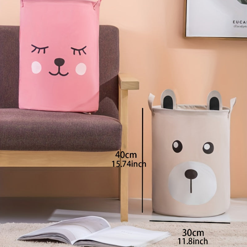 A fun and functional hamper featuring a cartoon pattern, made of linen fabric with cute ears design. Perfect for organizing and storing clothes, toys, and other items. Ideal for use in the bathroom, bedroom, living room, or laundry room.