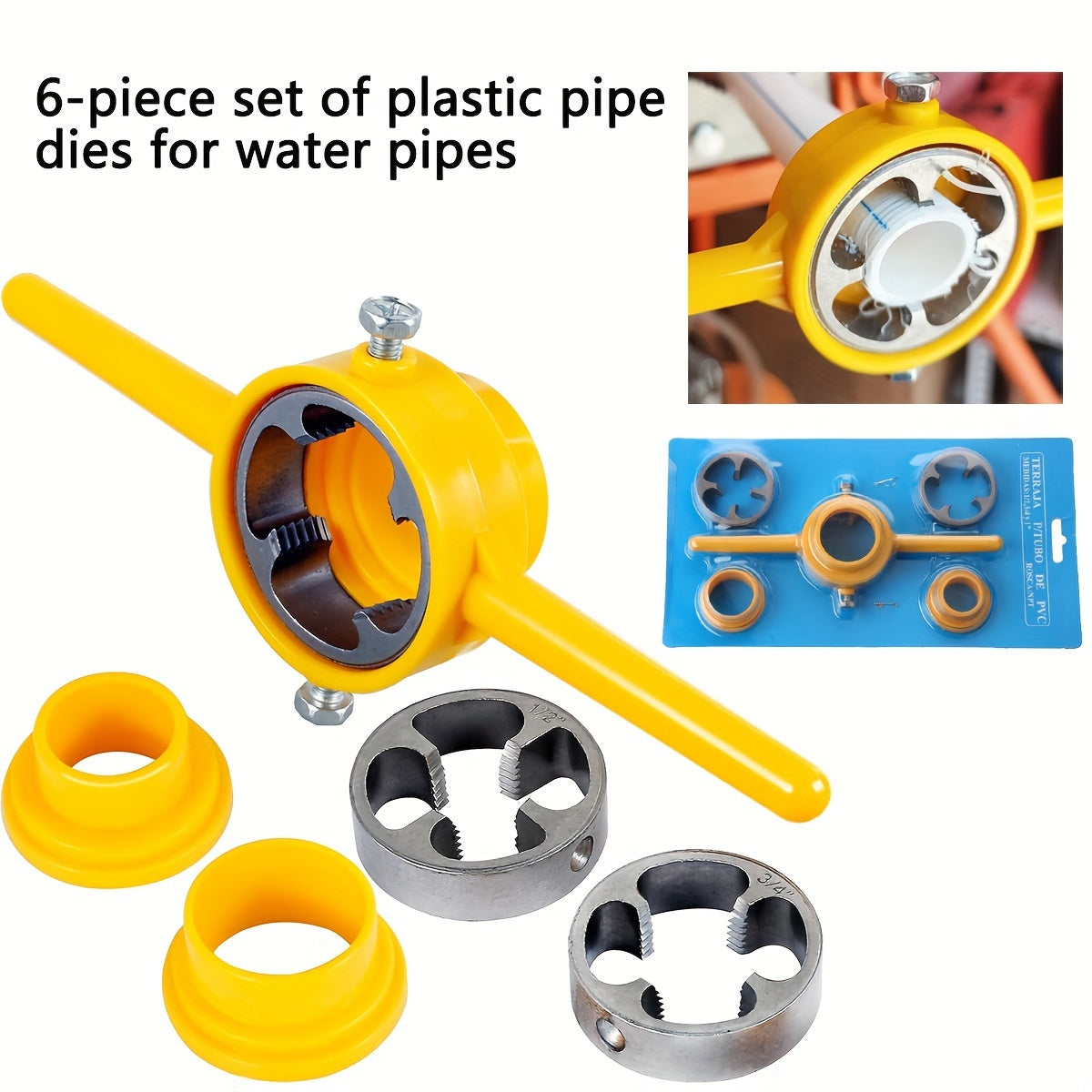 6-piece PVC pipe threader plumbing tool kit includes 1/2 inch, 3/4 inch, and 1 inch dies for PVC threading.