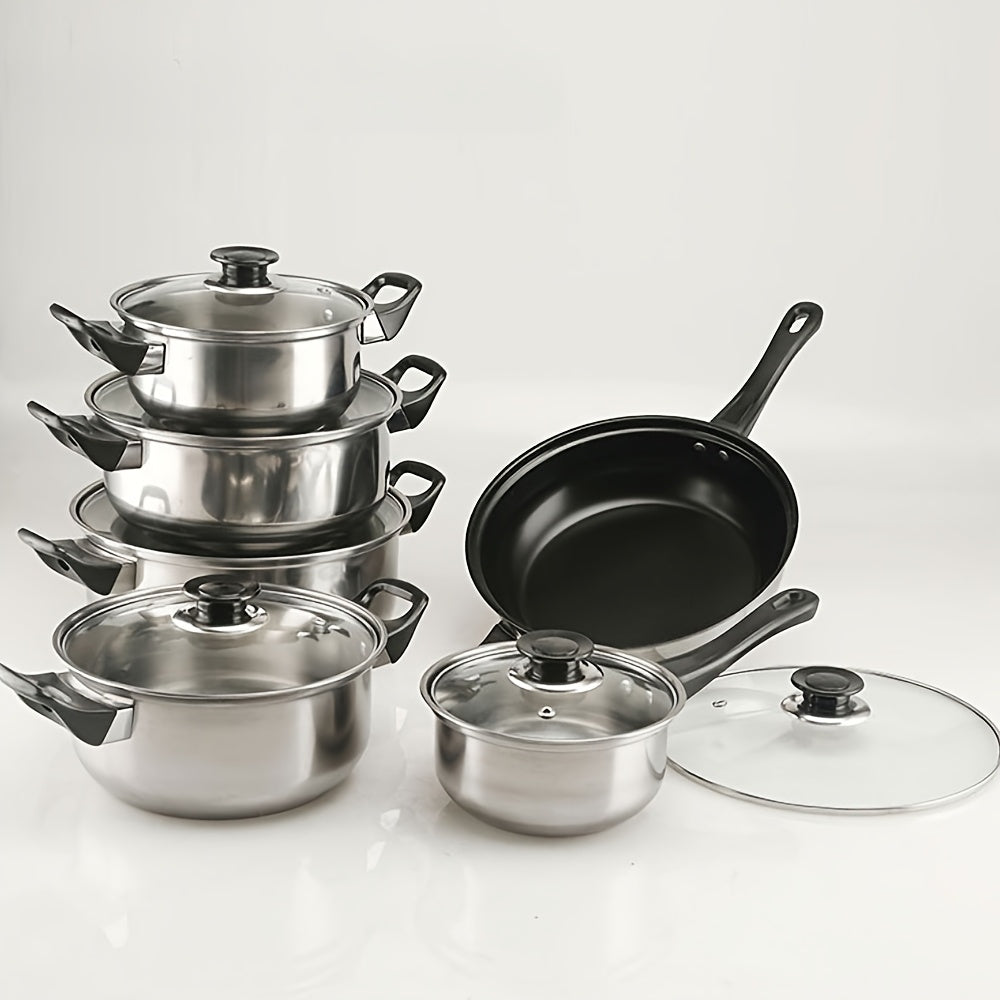 12-piece non-stick stainless steel cookware set includes 6 pots with lids. Set comes with a non-stick frying pan, stew pot, wok, and soup pot. PFOA-free kitchen frying pan is induction cooker and gas stove compatible. Perfect for holiday parties and