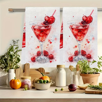 Set of 2 Ultra Soft Kitchen Towels with Valentine's Day Cherry Cocktail Design. These highly absorbent and machine washable dish hand towels measure 40.64x60.96 cm. Perfect for holiday decor, these dish towels are both functional and stylish.