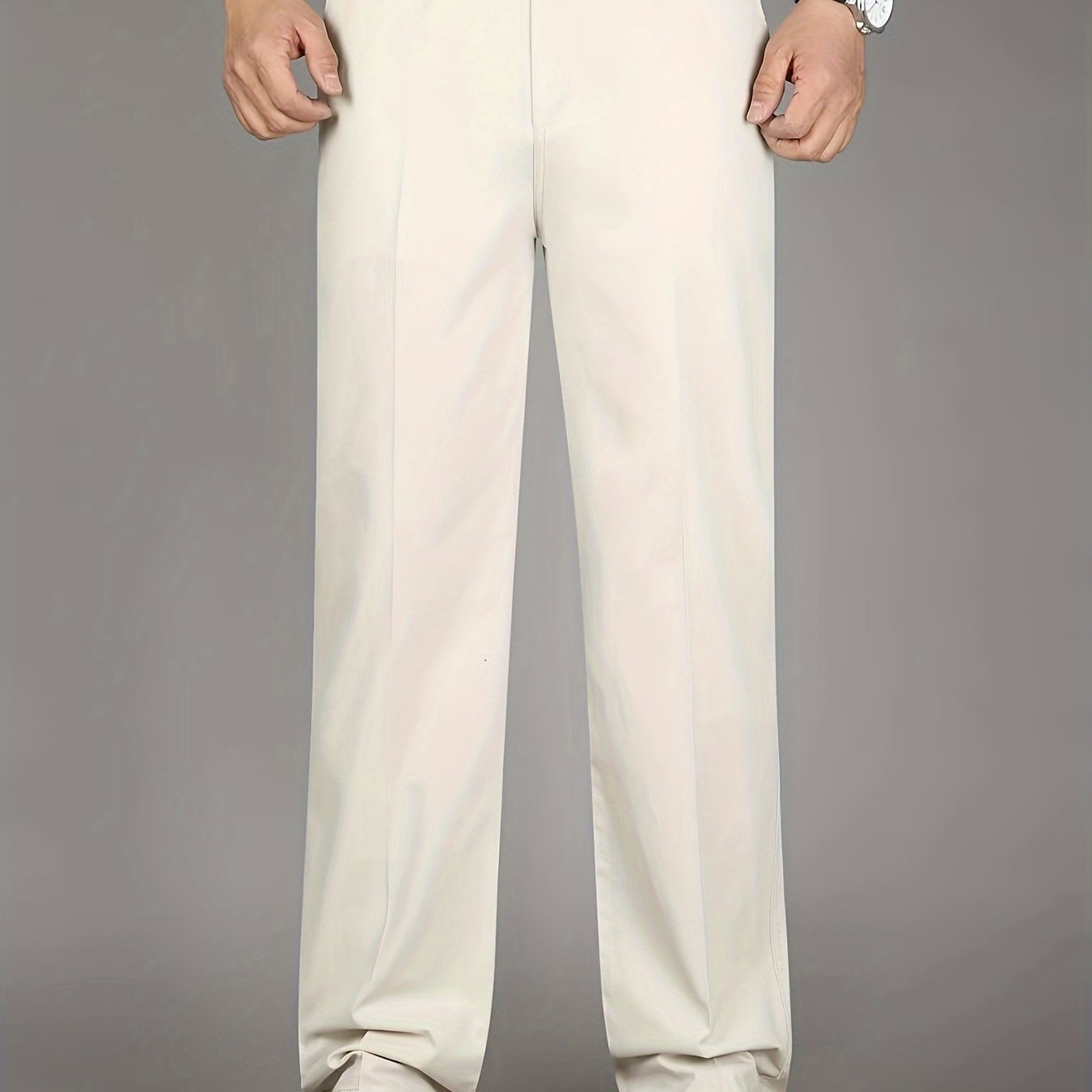 Men's solid straight leg business slacks with versatile draping, light business style.