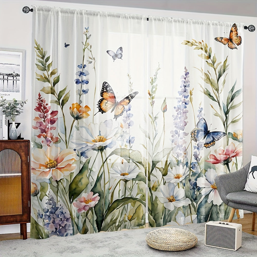 Get two stunning Vibrant Floral & Butterfly Print Sheer Curtains for your living room or bedroom. Made from high-quality polyester, these curtains are easy to hang with a rod pocket design. Their semi-transparent finish adds a touch of elegance to your