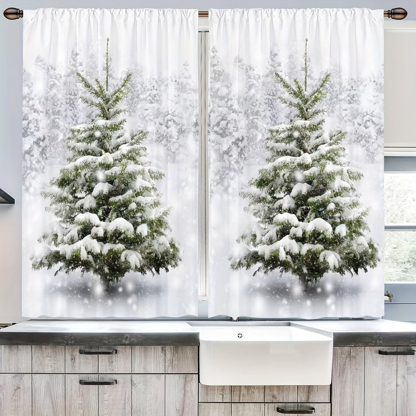 Set of 2 Christmas Green Cafe Curtain Tiers with Pine Tree and White Snow Design, Washable Polyester Material, Soft Curtains for Living Room, Office, Kitchen, and Home Decor