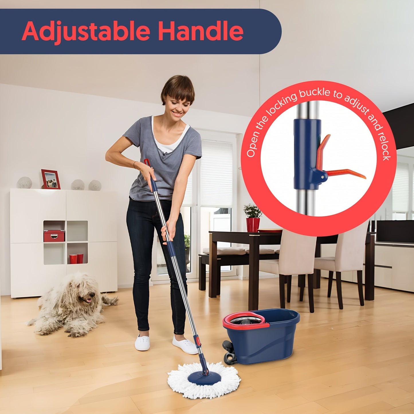 This Navy Red Heavy-Duty Spin Mop and Bucket Set with Wringer includes 5 reusable pads, making it ideal for both indoor and outdoor use. This spin mop and bucket system is perfect for cleaning floors effectively.