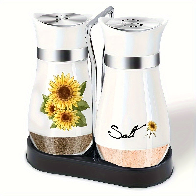 Glass Bottom Salt and Pepper Shaker Set with Stainless Steel Lid - Kitchen Gadgets Cooking Table Accessories with Holder and Glass Bottle - Perfect for Dining Table, RV, Camping, Barbecue - Set of 2