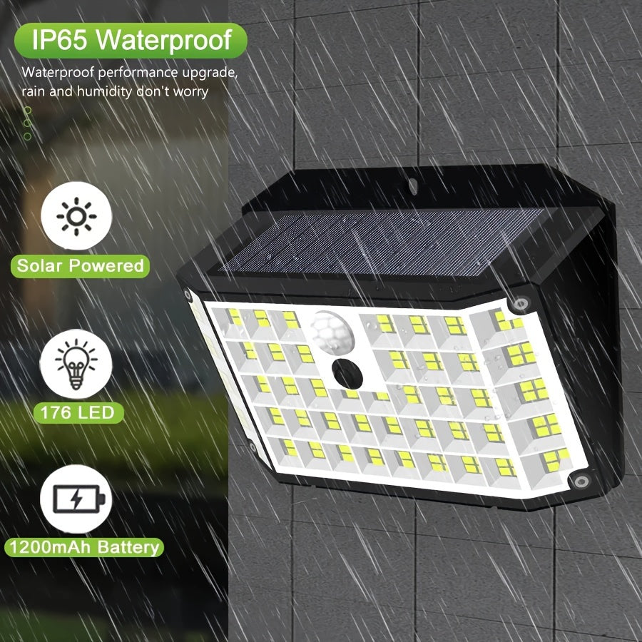 "Solar motion sensor light with 176 LEDs for outdoor use. Has 3 lighting modes for yard, path, and garage.