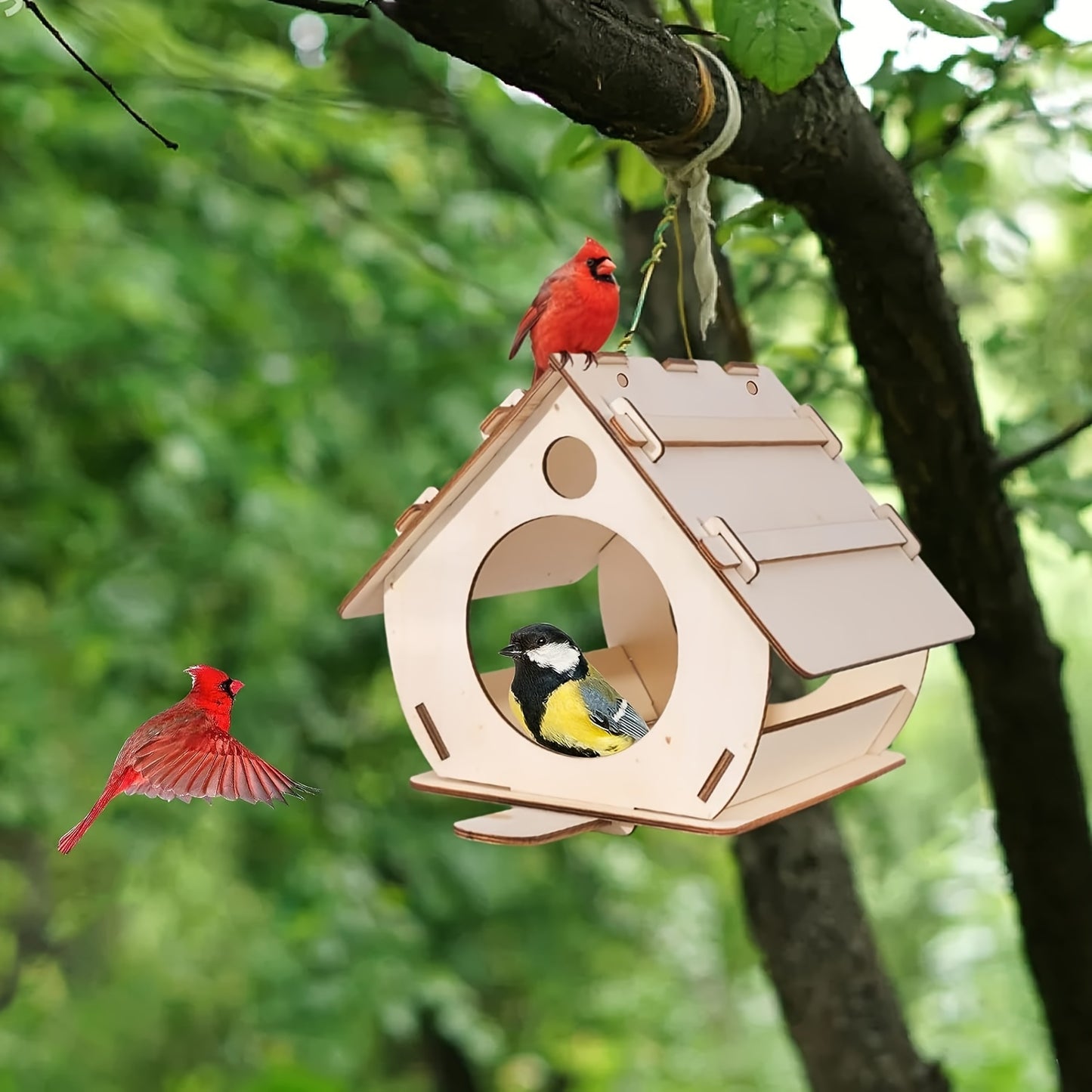 DIY wooden bird feeder house for outdoor garden decor.