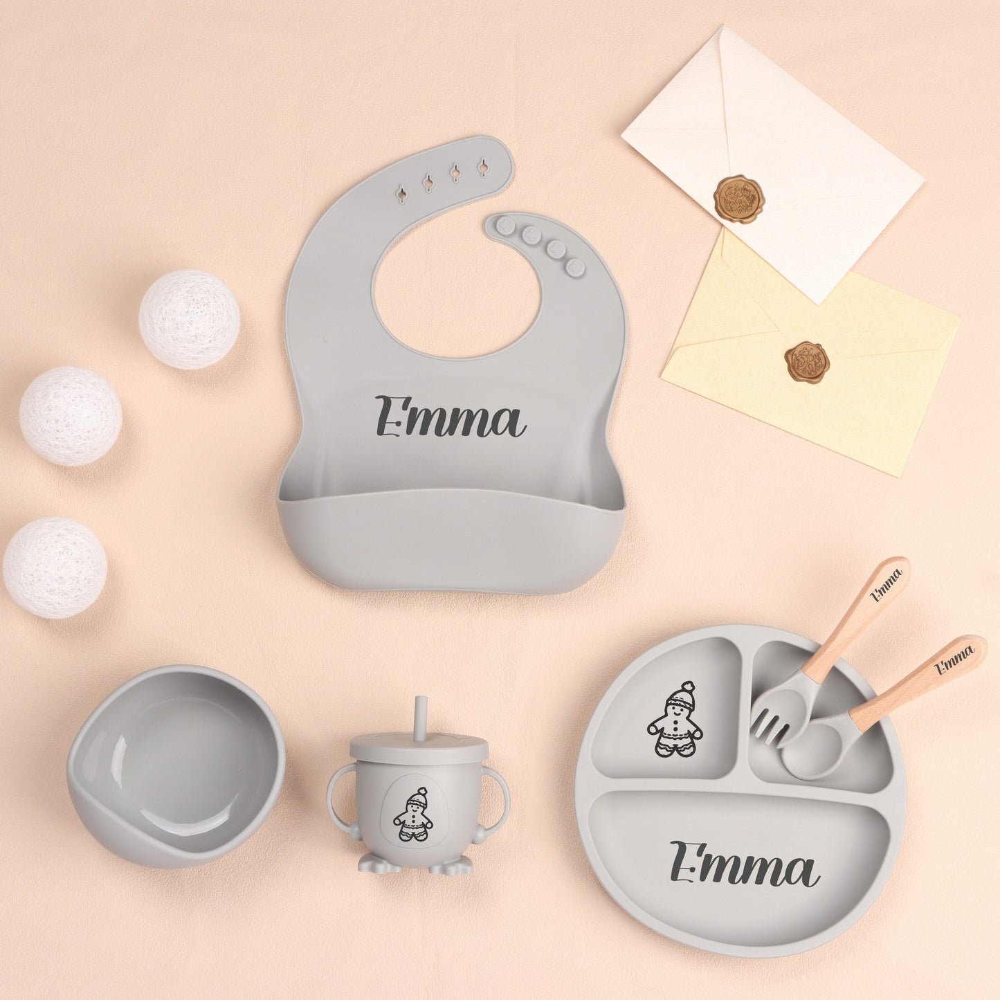 Customized Silicone Feeding Set - Personalized Weaning Set with Child's Name, Including Bowl, Cup, Bib, Spoon, and Fork - Perfect Baby Shower Present for Children Ages 3-6