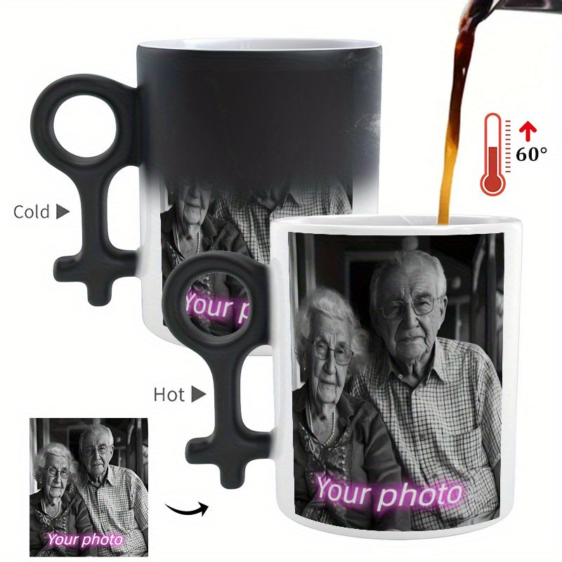 Customized color-changing mug with heart handle - perfect for Father's Day, Mother's Day, and seasonal gifts.