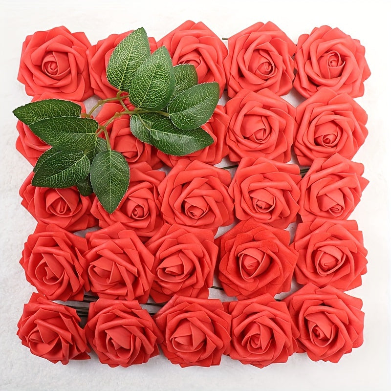 25 artificial roses with 2 green leaves, perfect for weddings, holidays, birthdays, parties, and home decor.