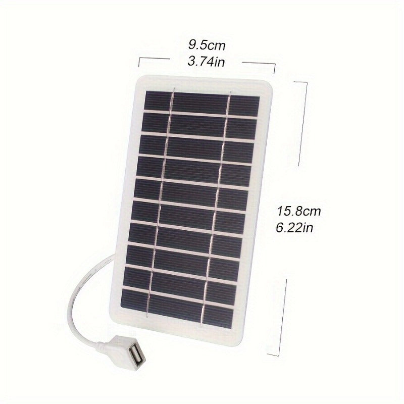 Portable USB solar panel charger for outdoor use, ideal for camping, travel, and emergencies. Charges mobile phones, flashlights, and fans. White solar charger with USB ports for on-the-go