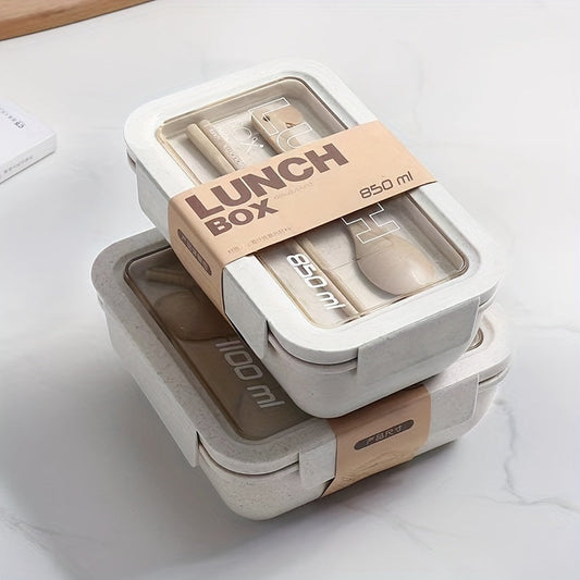 Insulated lunch box set with tableware for office workers, featuring a square divided wheat straw bento box with spoon and chopsticks. This leakproof food container is perfect for teenagers and workers, ideal for home kitchen use and to take back to