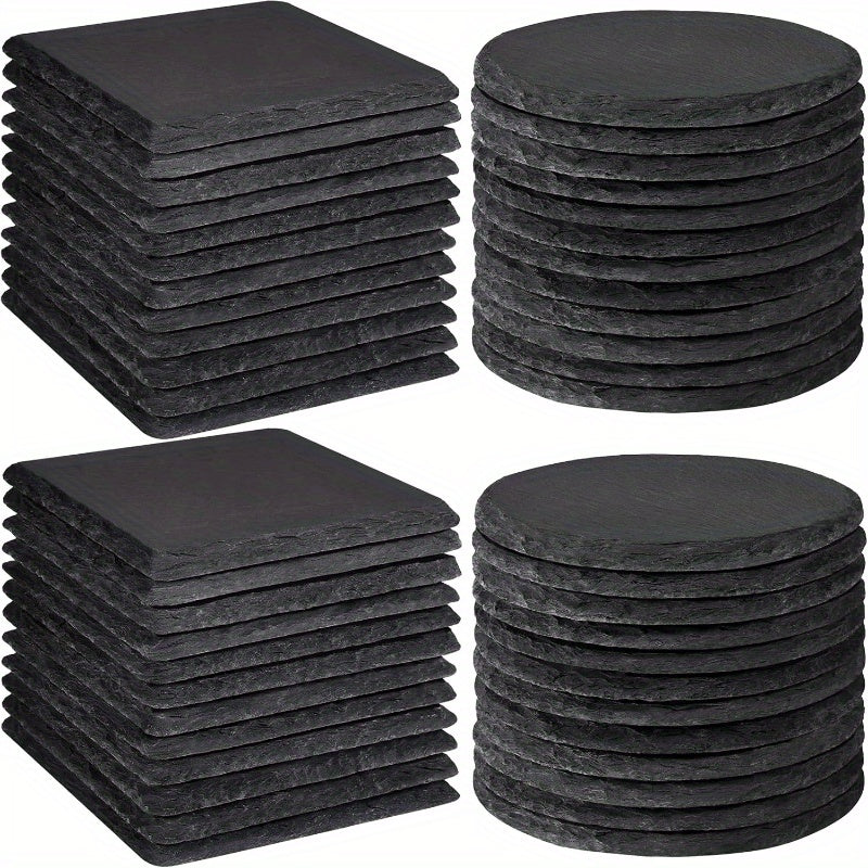 Get a pack of 48 slate coasters in bulk, each measuring 10.16 cm. These black coasters are perfect for drinks and can be customized with laser engraving. The set also includes 24 natural square and round stone coasters, ideal for various projects, gifts