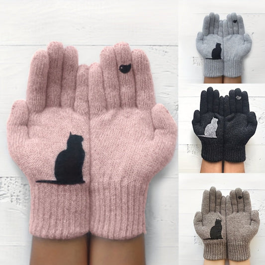 Stylish Cat Print Knit Gloves made for the cold weather, featuring a unique split finger design for added warmth and protection against the cold wind during Autumn and Winter.