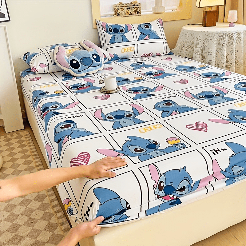 Enhance Your Space with Disney Stitch Themed 3-Piece Bedding Set Including Soft Fitted Sheet, Pillowcases, and Blue Plush Cushion. Made from High Quality Woven Fabric, Ideal for Home, Office, or Guest Room Decor.