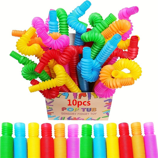 10-piece set of sensory pop tubes, plastic fidget toys for fine motor skills development. Ideal educational learning toy for ADHD and Autism. Assorted colors for kids aged 3-6, for both