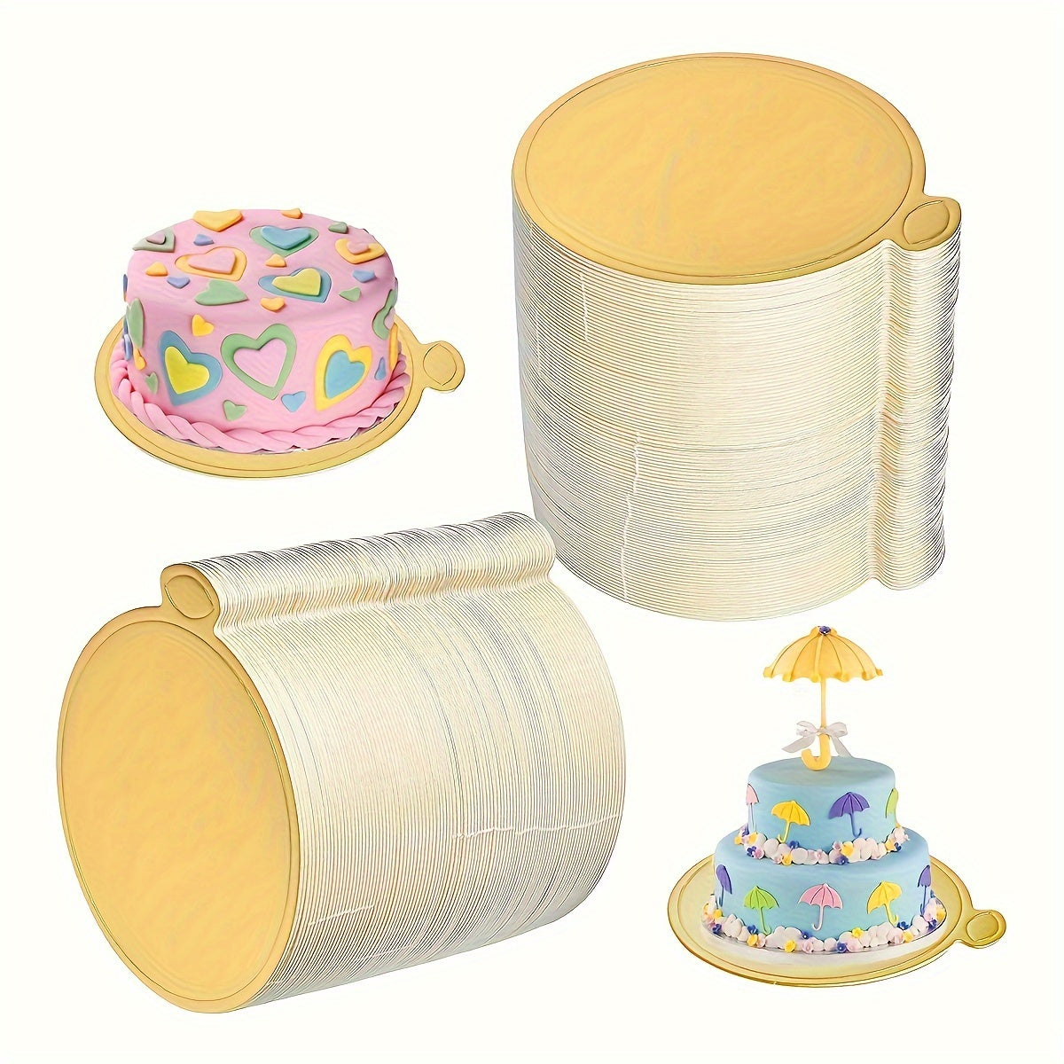 Golden cardboard mini cake bases, ideal for serving mousse desserts at weddings, birthday parties, and other special occasions. Each pack includes 50/100 round disposable paperboard cupcake boards for elegant party displays.