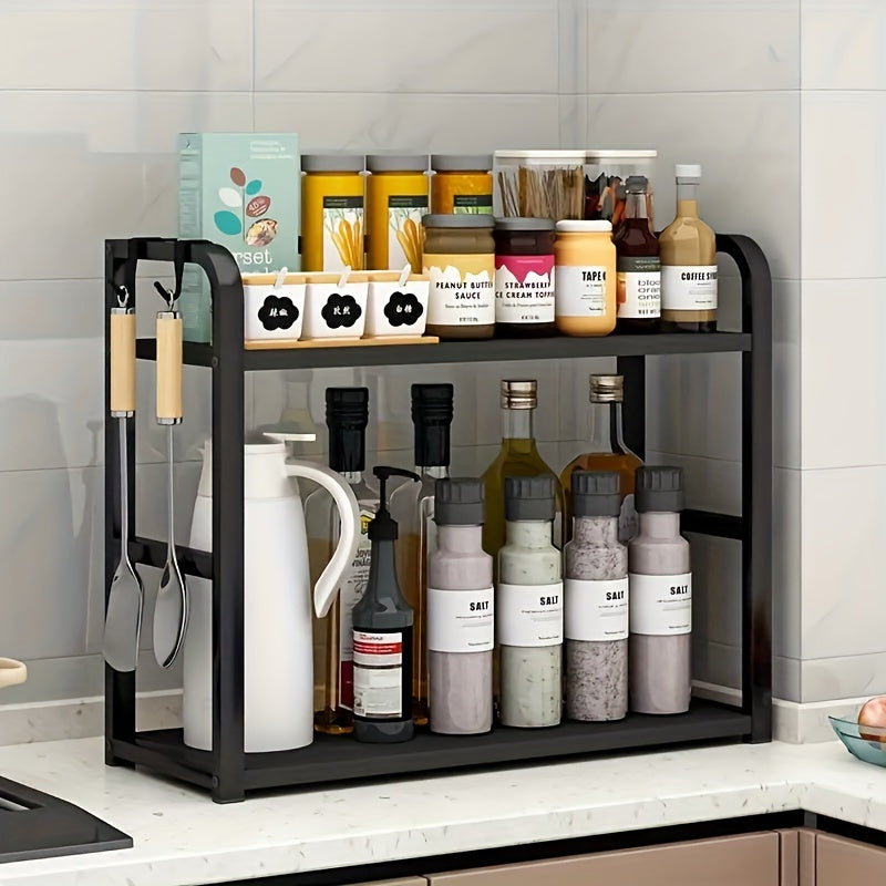 Multifunctional Kitchen Storage Rack Organizer, featuring a combination of wood and metal shelves, made with durable hardwood artificial board and a sturdy metal frame. No electricity required, perfect for organizing kitchen accessories and supplies.