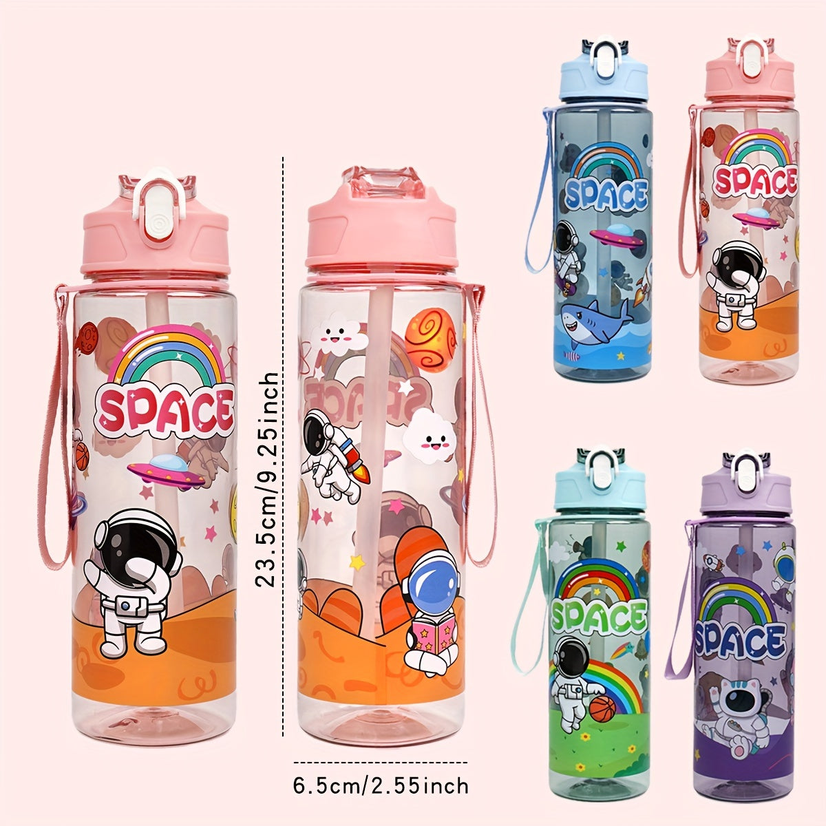 Durable 21oz astronaut water bottle with straw, BPA-free plastic. Ideal for outdoor activities and school with space-themed design.