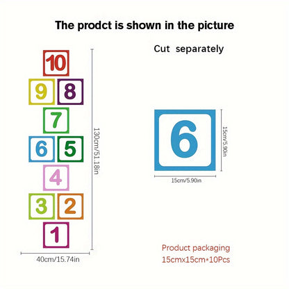 10 pieces of self-adhesive, anti-slip hopscotch game wall and floor stickers made from frosted material.