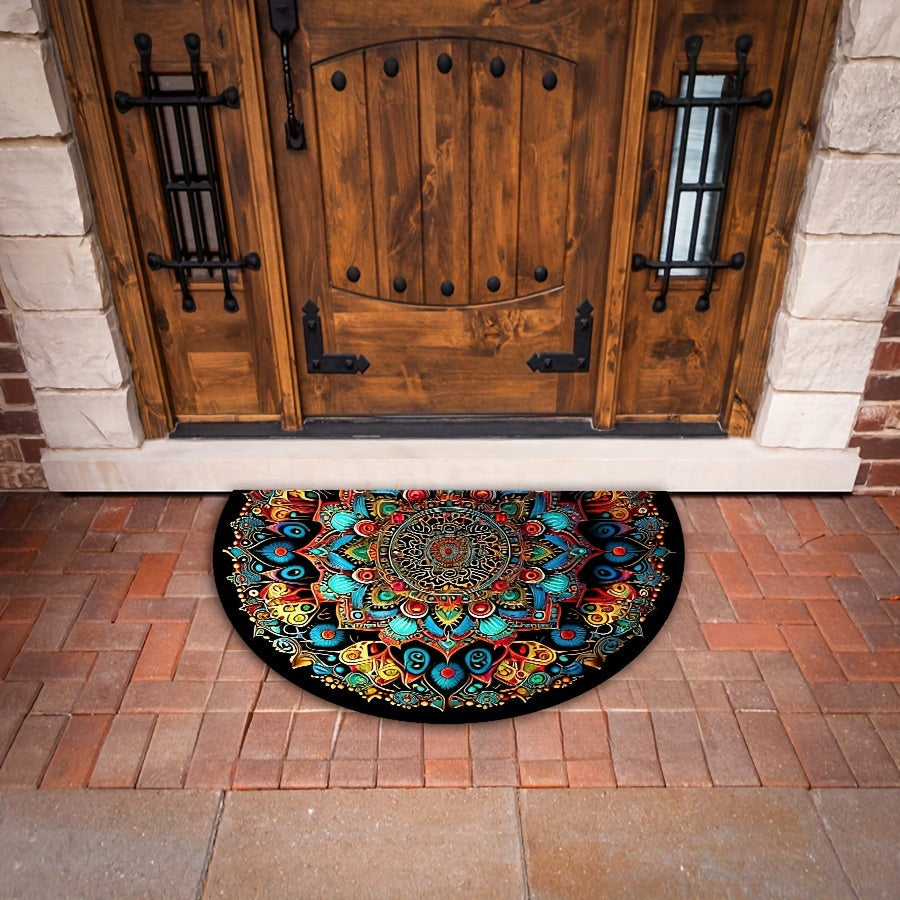 This outdoor doormat is made of finely woven high-density fine sand imitation cashmere material with a TPR bottom, featuring a half-round bohemian mandala element design. It is non-slip, wear-resistant, thick, soft, skin-friendly, and shedding-free