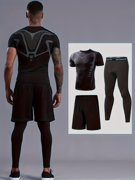 Men's 3-piece base layer set includes compression tops, bottoms, and shorts for fitness workouts and body shaping.