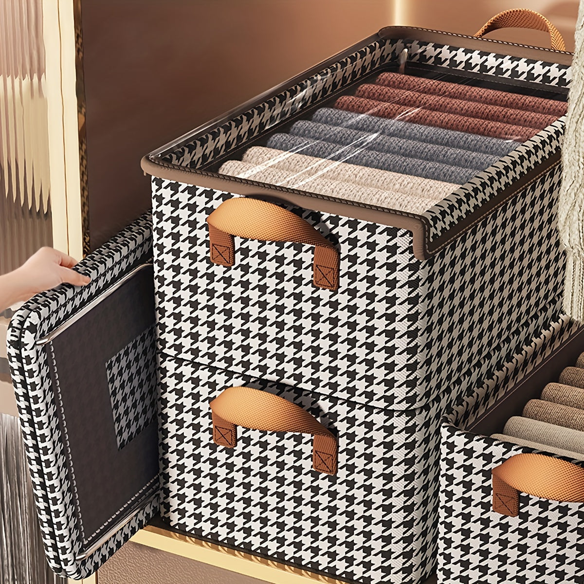 Boho Style Polyester Blend Storage Box with Flip Top Lid, Rectangle foldable wardrobe organizer for clothes and socks. This multipurpose non-waterproof closet organization basket features a stylish houndstooth pattern and foldable design. Perfect for