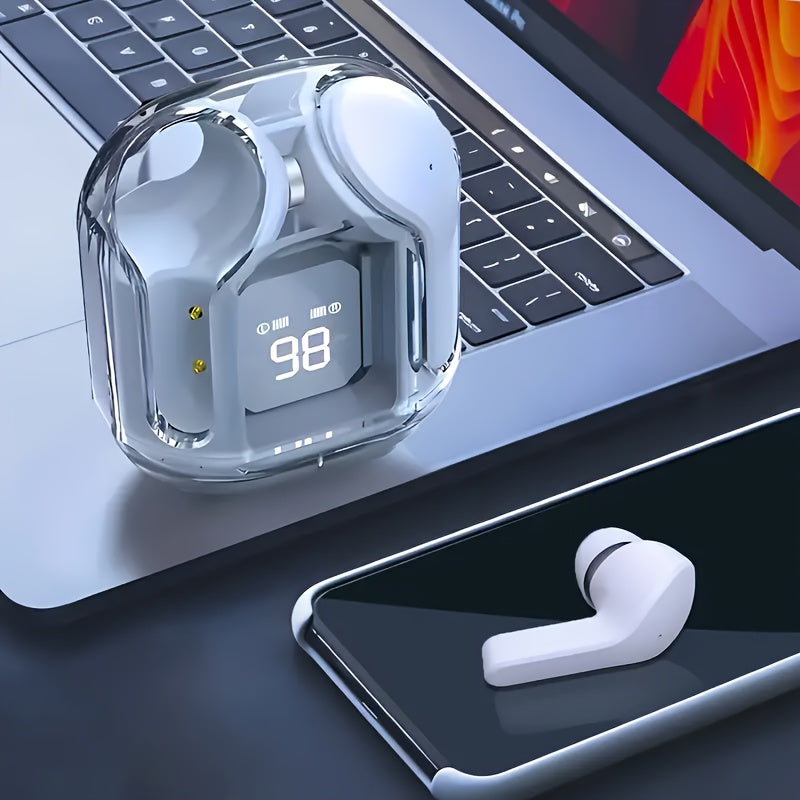 Transparent wireless TWS headphones for sports and fitness, ideal for running and exercise.