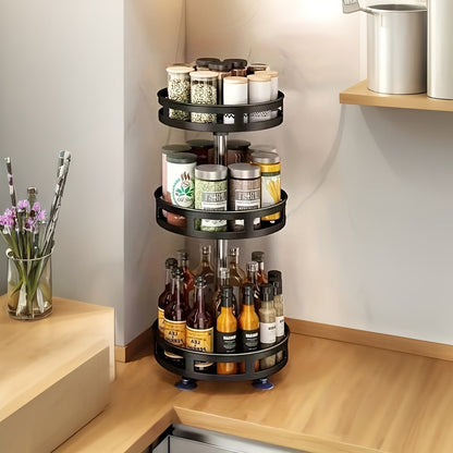 360° Rotating Kitchen Organizer with Adjustable Height - Metal Spice Rack featuring Storage Lazy Susan. This minimalist design offers efficient space management for your kitchen and bathroom. Food contact safe and no electricity needed.