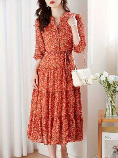 Elegant red floral chiffon maxi dress for women with a flattering slimming effect, complete with a belt.