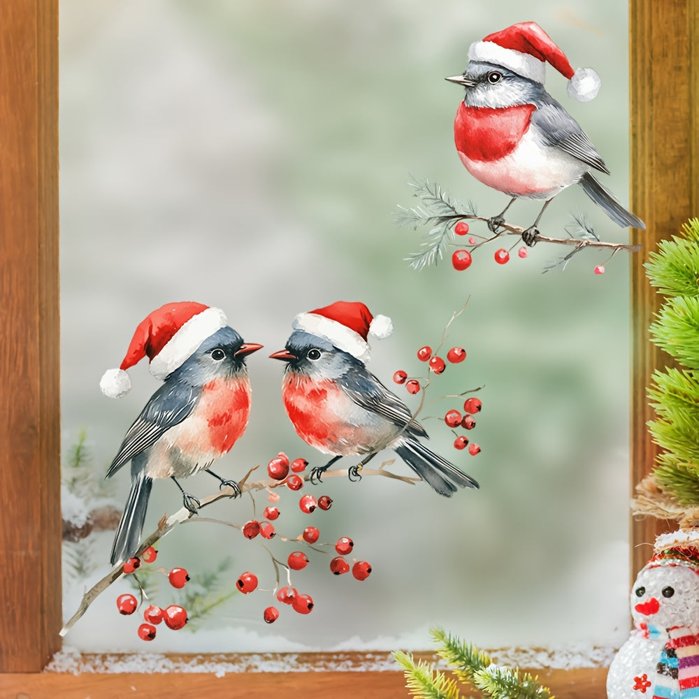 Decorative Art Deco Christmas Birds Window Decals featuring Red Berry Branches Glass Clings. These self-adhesive plastic stickers make the perfect festive home decoration. Each pack features single-use Santa Hat Bird motifs.